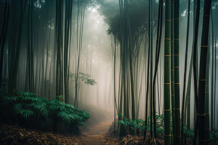 bamboo forest in the foggy morning, with mist rising from the ground, created with generative aiの素材