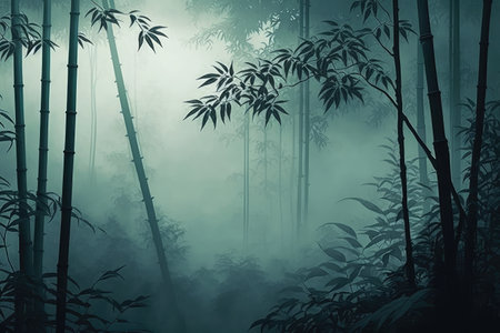 peaceful bamboo forest with misty landscape view, created with generative aiの素材