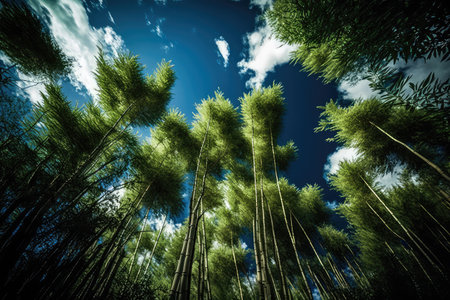 bamboo forest with clear blue sky and fluffy clouds above, created with generative aiの素材