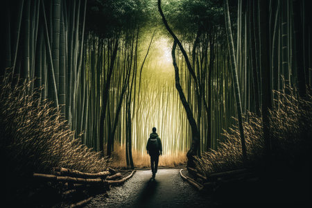 person, walking through bamboo forest, with towering trees in the background, created with generative aiの素材