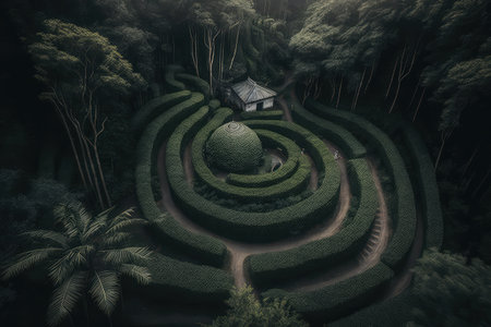 aerial view of bamboo forest with winding pathways and hidden temples, created with generative aiの素材