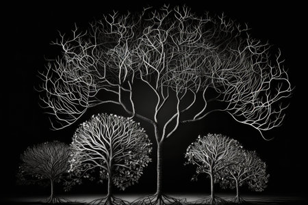 group of trees with intricate network of branches and leaves, created with generative aiの素材