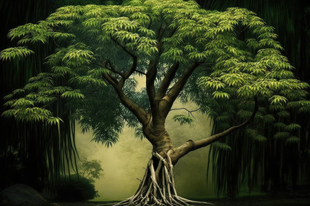 majestic tree with feathery bamboo shoots in the foreground, created with generative aiの素材