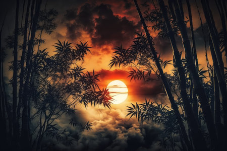 dramatic sunset over bamboo forest with clouds and sky in the background, created with generative aiの素材
