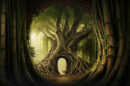 majestic hollow tree with drooping bamboo shoots in a bamboo forest, created with generative aiの素材