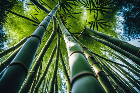 close-up of bamboo tree with its tall and slender leaves reaching to the sky, created with generative aiの素材