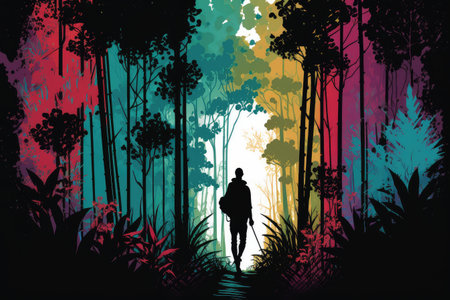 silhouette of person walking through the forest, with tall bamboo trees and colorful flowers, created with generative aiの素材