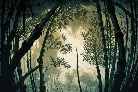 bamboo forest with gnarled tree trunks and dense canopy of leaves, created with generative aiの素材