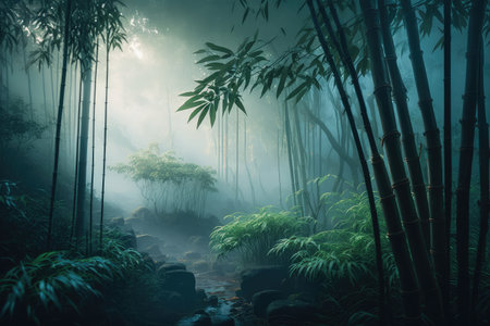 bamboo forest with misty morning light, making the trees and plants appear even more enchanting, created with generative aiの素材