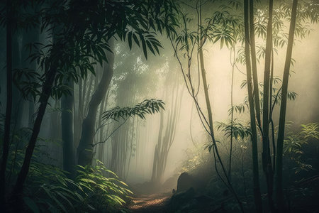 bamboo forest with misty morning light, making the trees and plants appear even more enchanting, created with generative aiの素材