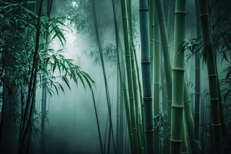 close-up of green bamboo forest with misty clouds in the background, created with generative aiの素材