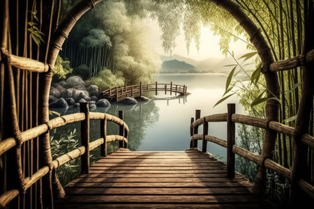wooden bridge through bamboo forest with view of tranquil lake, created with generative aiの素材