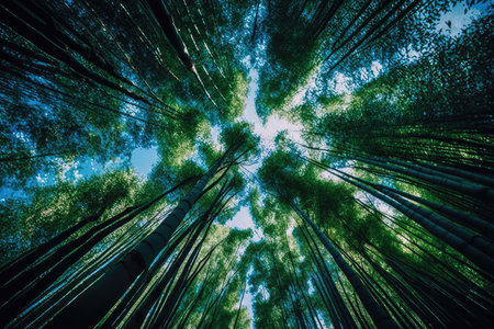 bamboo forest with glimpse of the blue sky above, providing a beautiful contrast, created with generative aiの素材