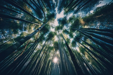 bamboo forest with glimpse of the blue sky above, providing a beautiful contrast, created with generative aiの素材