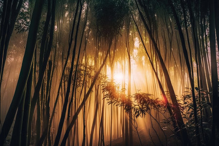 bamboo forest at sunrise, with the sun peeking through the trees, created with generative aiの素材