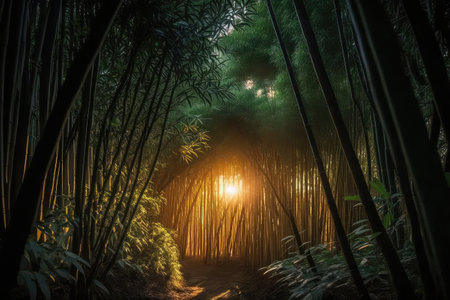 bamboo forest at sunrise, with the sun peeking through the trees, created with generative aiの素材
