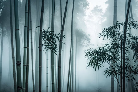 close-up of bamboo forest trees, with mist and fog in the background, created with generative aiの素材