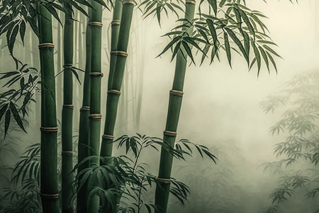 close-up of bamboo forest trees, with mist and fog in the background, created with generative aiの素材