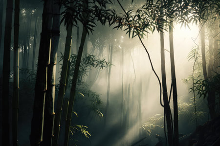bamboo forest with misty morning light, creating a mystical atmosphere, created with generative aiの素材