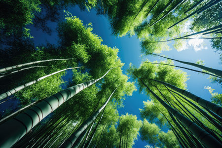 bamboo forest with clear blue sky and fluffy clouds in the background, created with generative aiの素材