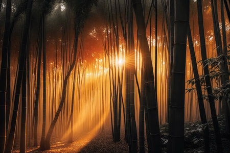 bamboo forest at sunrise, with warm orange light shining through the trees, created with generative aiの素材