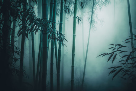 bamboo forest with misty fog, creating mysterious and magical atmosphere, created with generative aiの素材