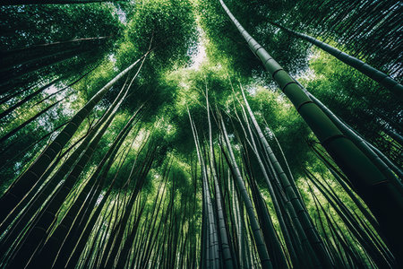 majestic tall trees with fresh green leaves and slender bamboo stalks, created with generative aiの素材