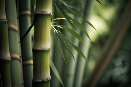 close-up of a single bamboo tree, with its tall and slender trunk visible, created with generative aiの素材