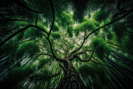 majestic tree with large canopy of green bamboo forest, created with generative aiの素材