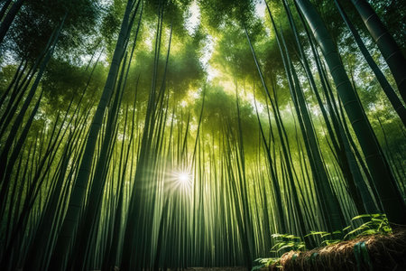 majestic, towering bamboo forest trees with the sun shining through, created with generative aiの素材