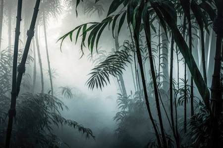 tropical bamboo forest with misty morning haze, created with generative aiの素材