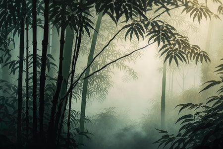 tropical bamboo forest with misty morning haze, created with generative aiの素材