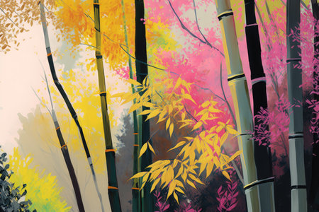 bamboo forest in springtime, with yellow and pink foliage, created with generative aiの素材