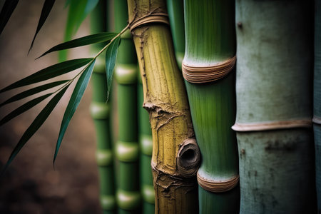 close-up of bamboo tree trunk, with branches and leaves in the background, created with generative aiの素材