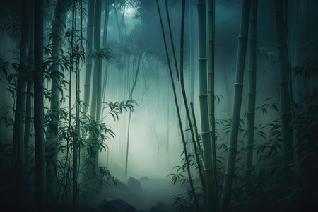 bamboo forest with misty morning light, creating a mystical atmosphere, created with generative aiの素材