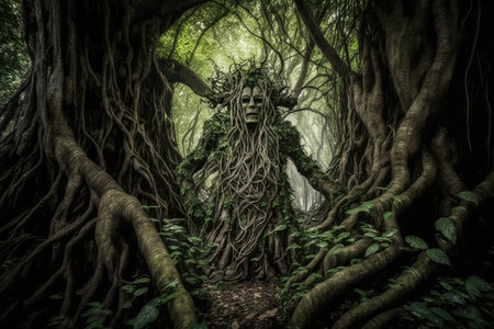 majestic giant with gnarled roots and foliage in bamboo forest, created with generative aiの素材