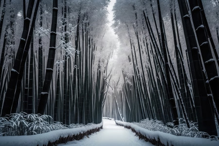 bamboo forest with snow covered trees, winter wonderland, created with generative aiの素材