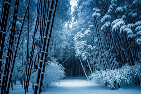 bamboo forest with snow covered trees, winter wonderland, created with generative aiの素材