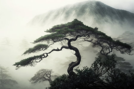 majestic tree with large canopy of bamboo above misty mountain range, created with generative aiの素材