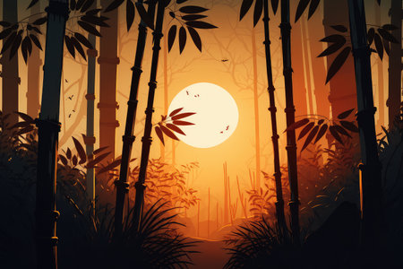 bamboo forest at sunset, with the sun setting behind the trees, created with generative aiの素材