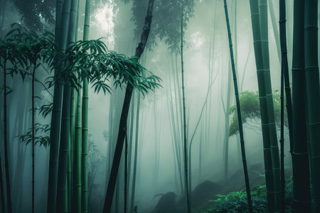 majestic bamboo forest with misty morning mist and fog, created with generative aiの素材