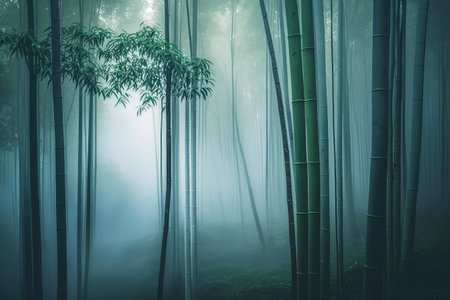 majestic bamboo forest with misty morning mist and fog, created with generative aiの素材