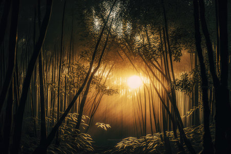 bamboo forest at sunrise, with the rising sun shining through the trees, created with generative aiの素材