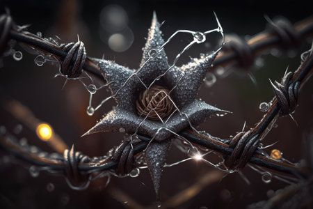 close-up of barbed wire with droplets of water shining on it, created with generative aiの素材