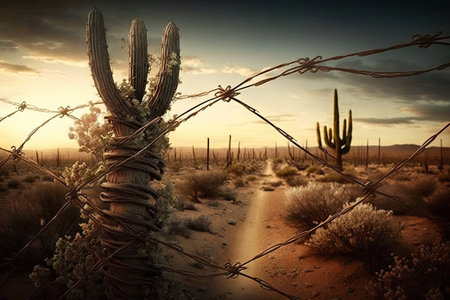 barbed wire fence separating two feuding kingdoms, created with generative aiの素材
