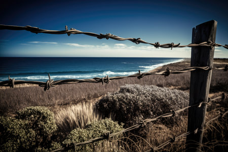 barbed wire fence with view of ocean in the distance, created with generative aiの素材