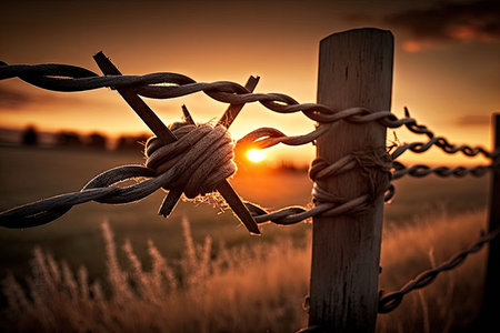 barbed wire wrapped around a wooden fence, with the sunset in the background, created with generative aiの素材