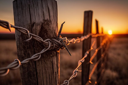 barbed wire wrapped around a wooden fence, with the sunset in the background, created with generative aiの素材