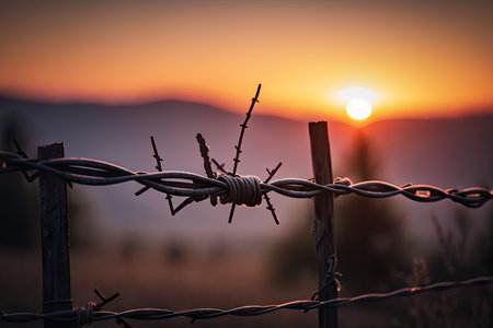 barbed wire fence with blurred sunset in the background, created with generative aiの素材