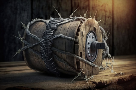 roll of barbed wire on wooden plank, ready for installation, created with generative aiの素材